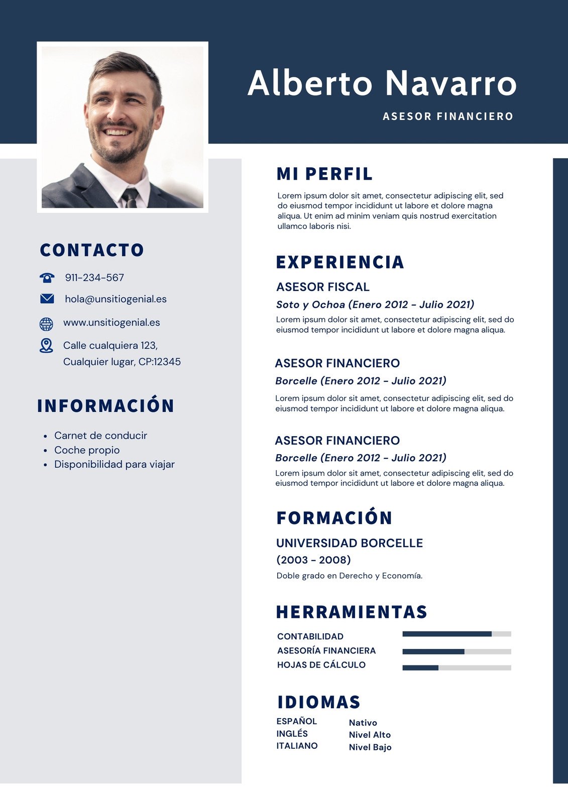 Currículum Vitae Asesor Financiero Profesional Corporativo Azul y Gris