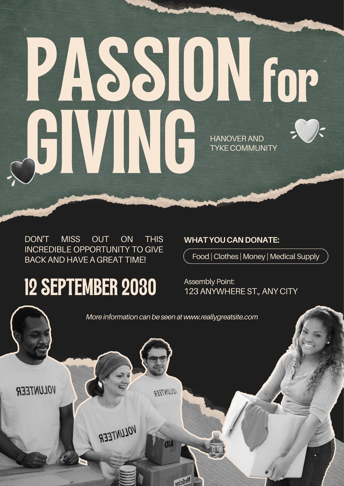 Green Black Paper Bold Open Donation Event Poster
