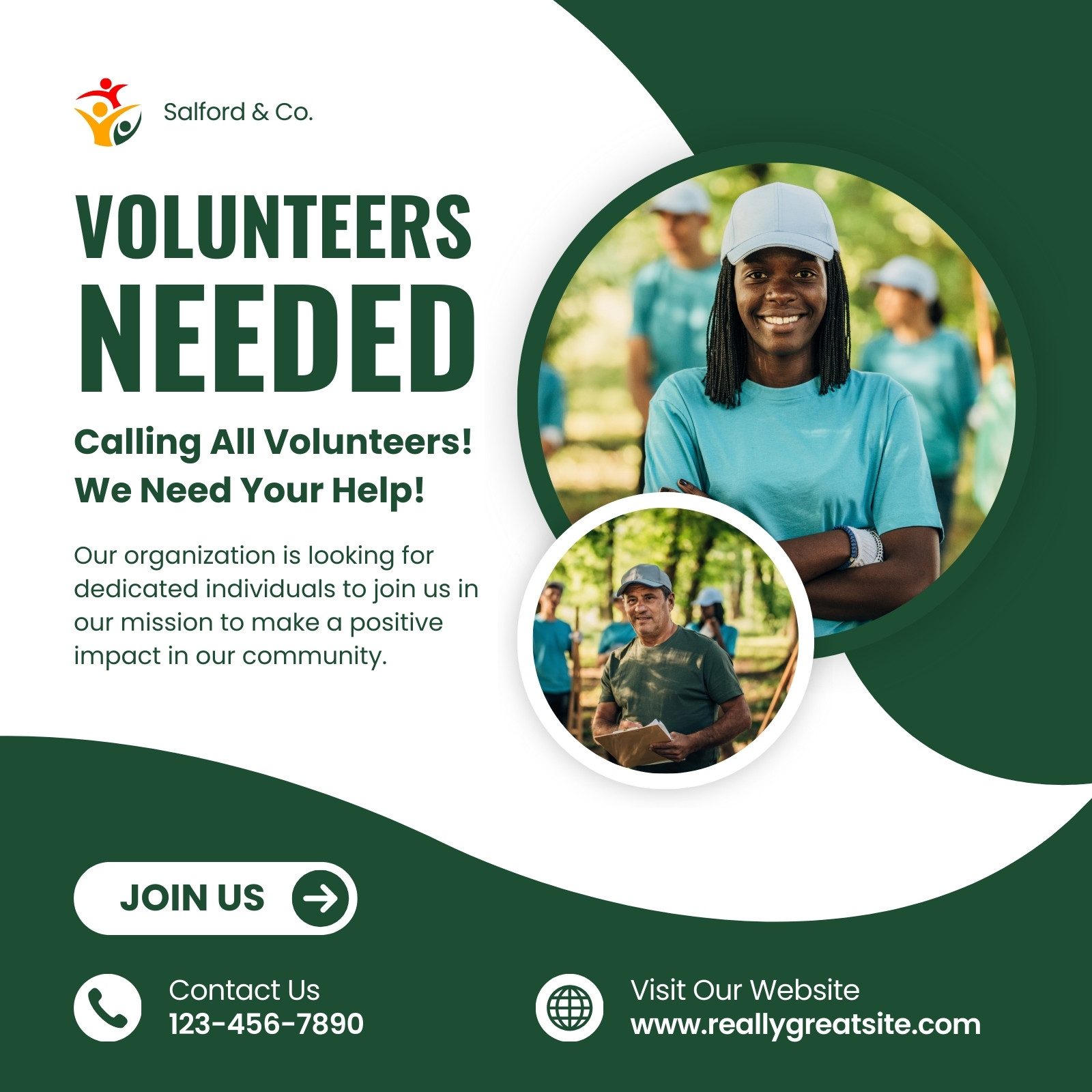 Green And White Modern Volunteers Needed Instagram Post