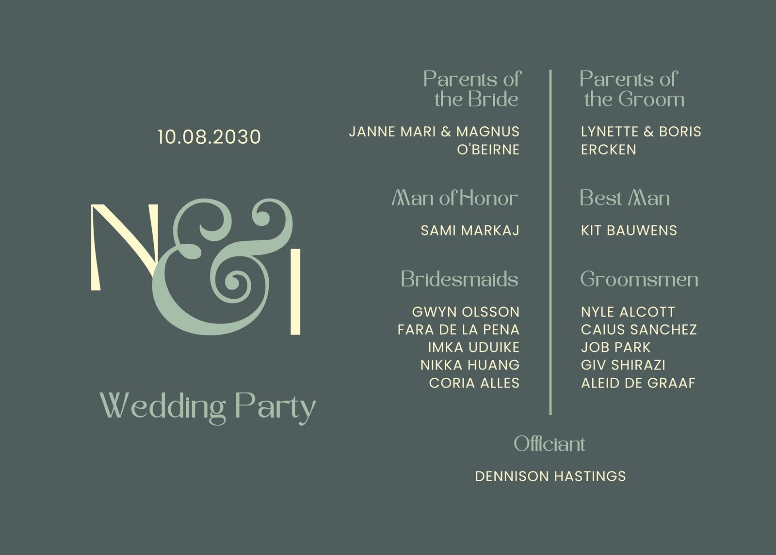 Wedding Program Card in Dark Green Pastel Yellow Typographic Style