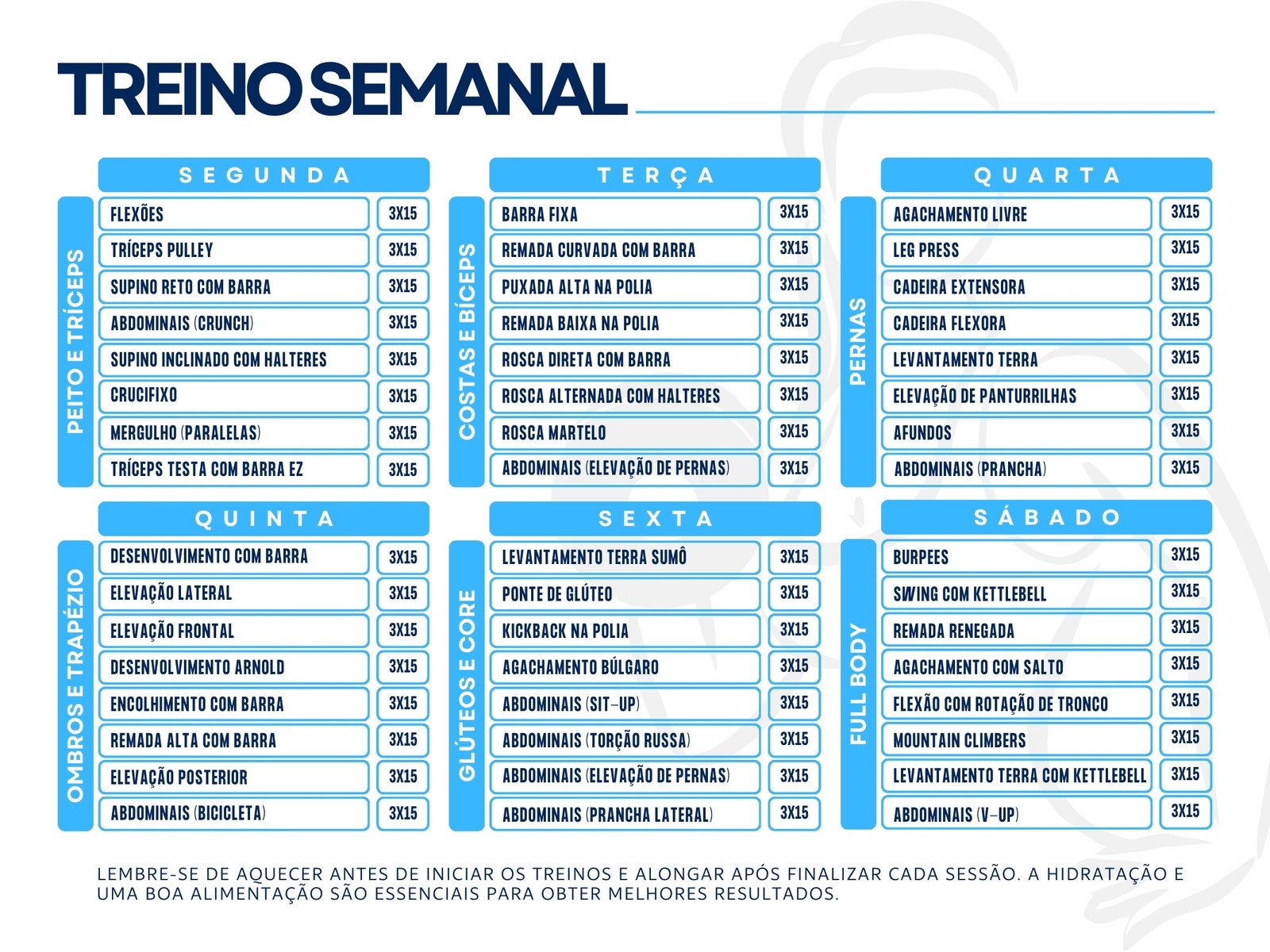 Gráfico tabela de treino semanal simples branco e azul