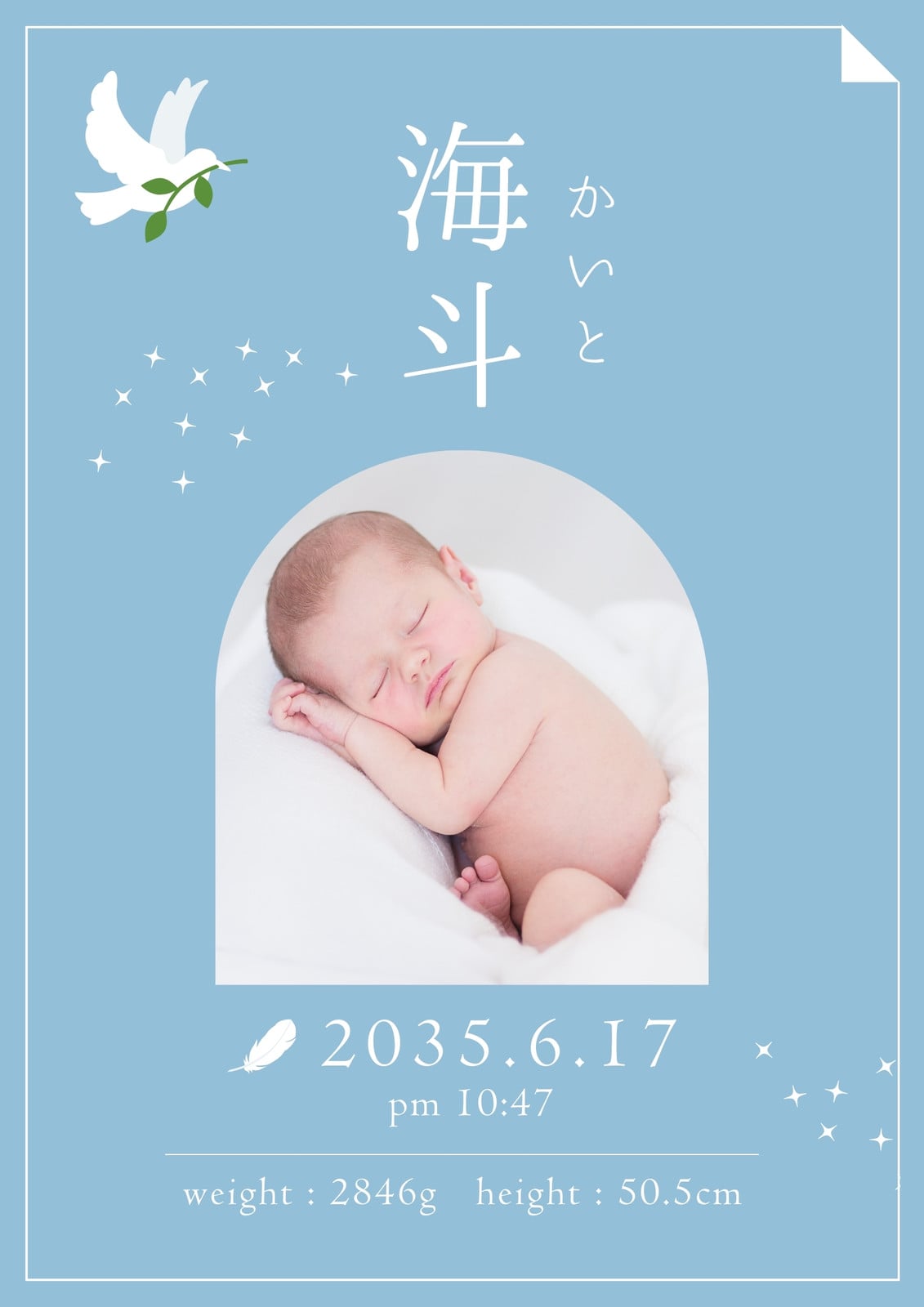 水色 鳥 シンプル 赤ちゃん 命名書 A4