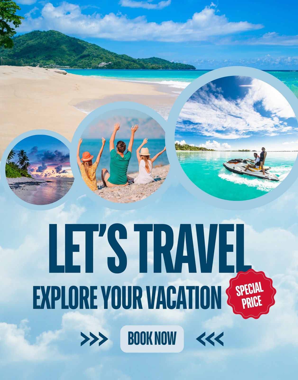 Blue Modern Circle Sky Beach Let's Travel Agency Holiday Poster
