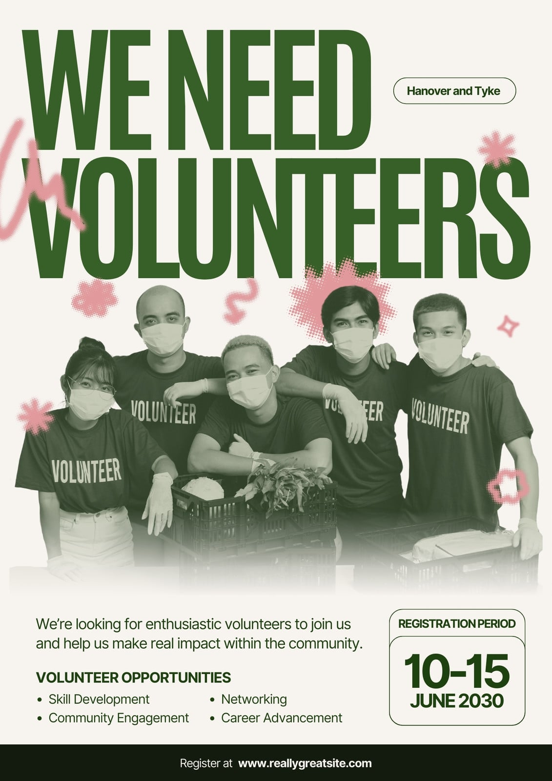 Green Pink Bold Vintage Volunteer Recruitment Poster