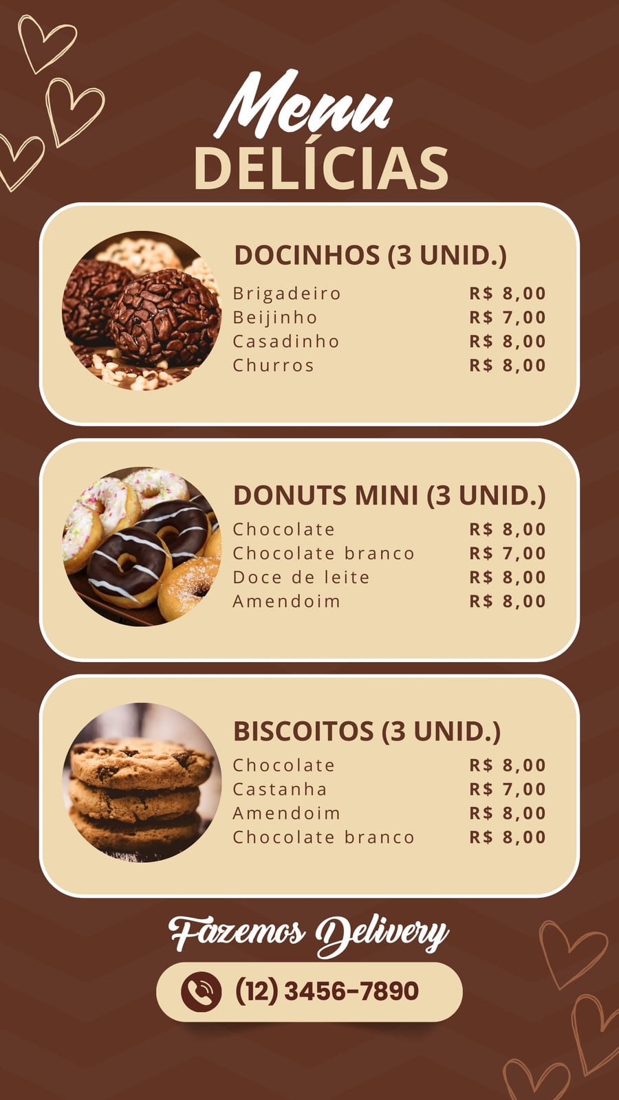 Story instagram menu delícias doces simples em marrom e bege