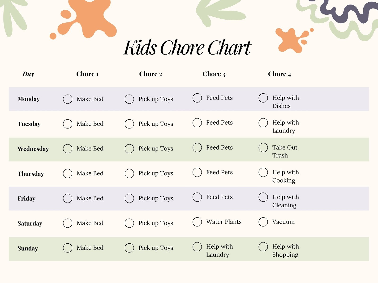 Orange Green Beige Organic Shapes and Tropical Accents Chore Chart