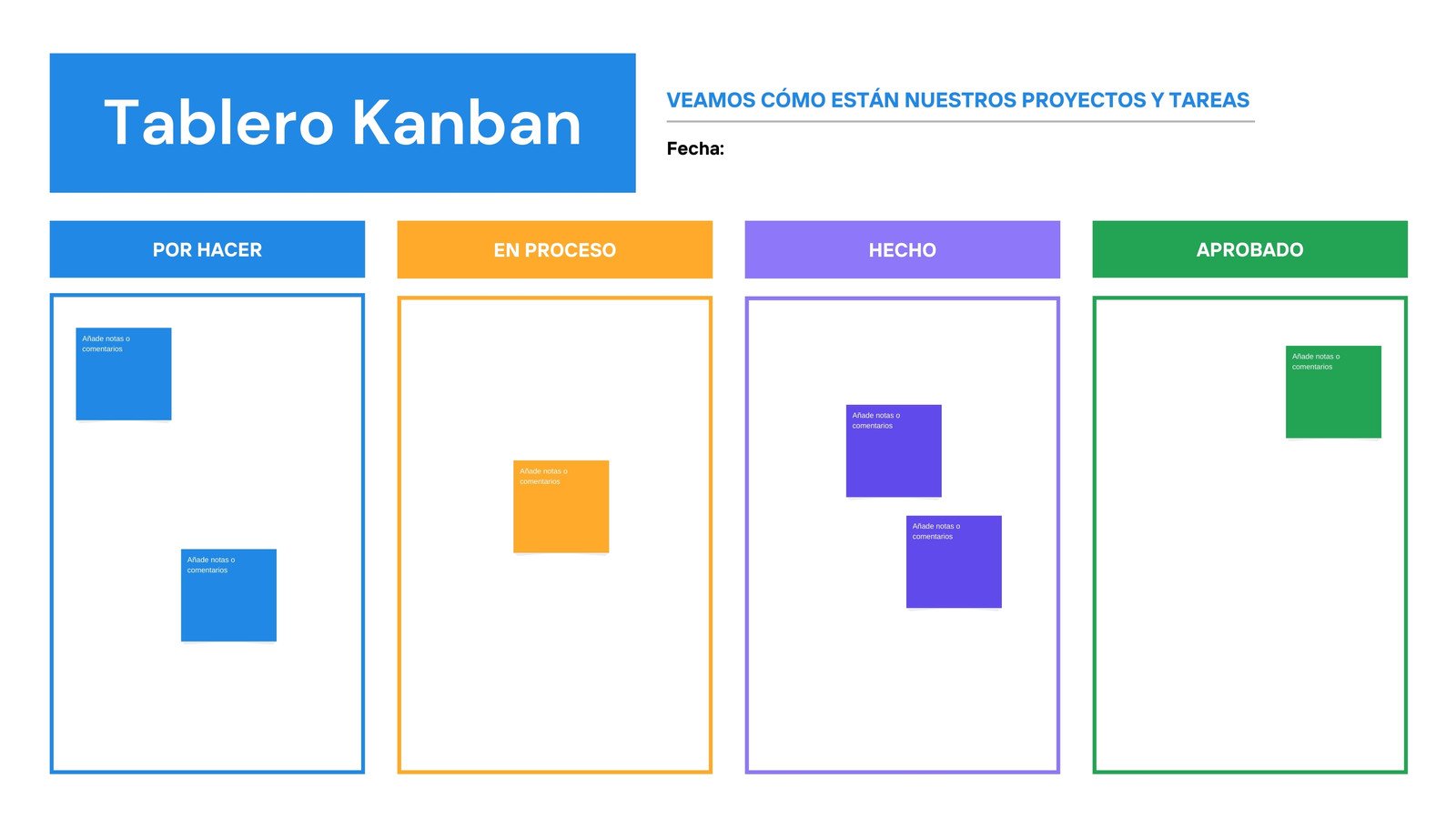Tablero de planeación Kanban de estilo minimalista con líneas en azul morado y amarillo