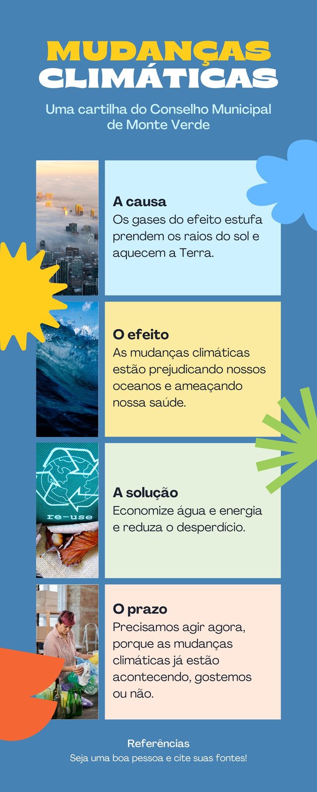 Infográfico Informativo sobre Mudanças Climáticas com Blocos e Chamativo em Azul Amarelo