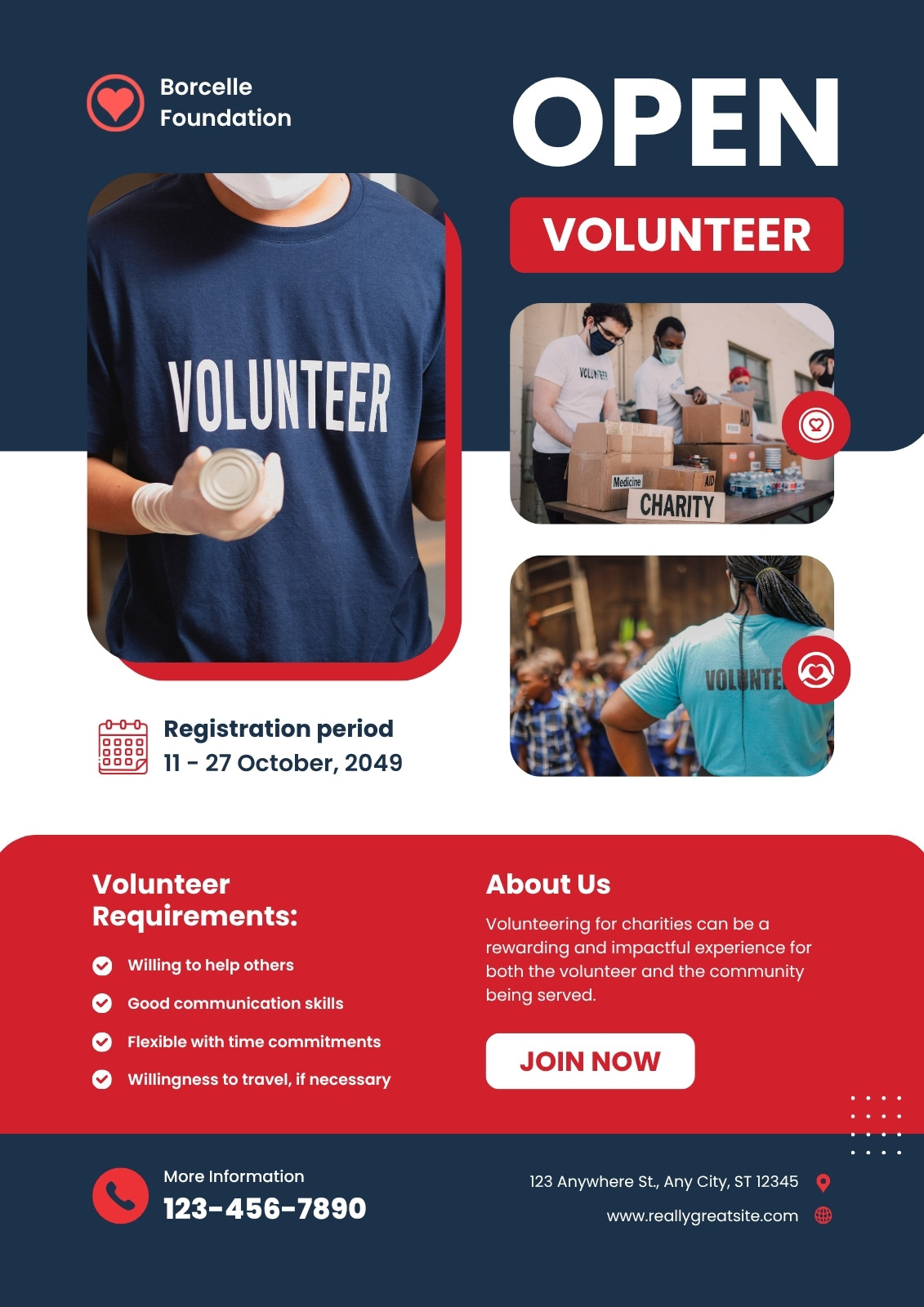 Blue and Red Minimalist Open Volunteer Charity Poster