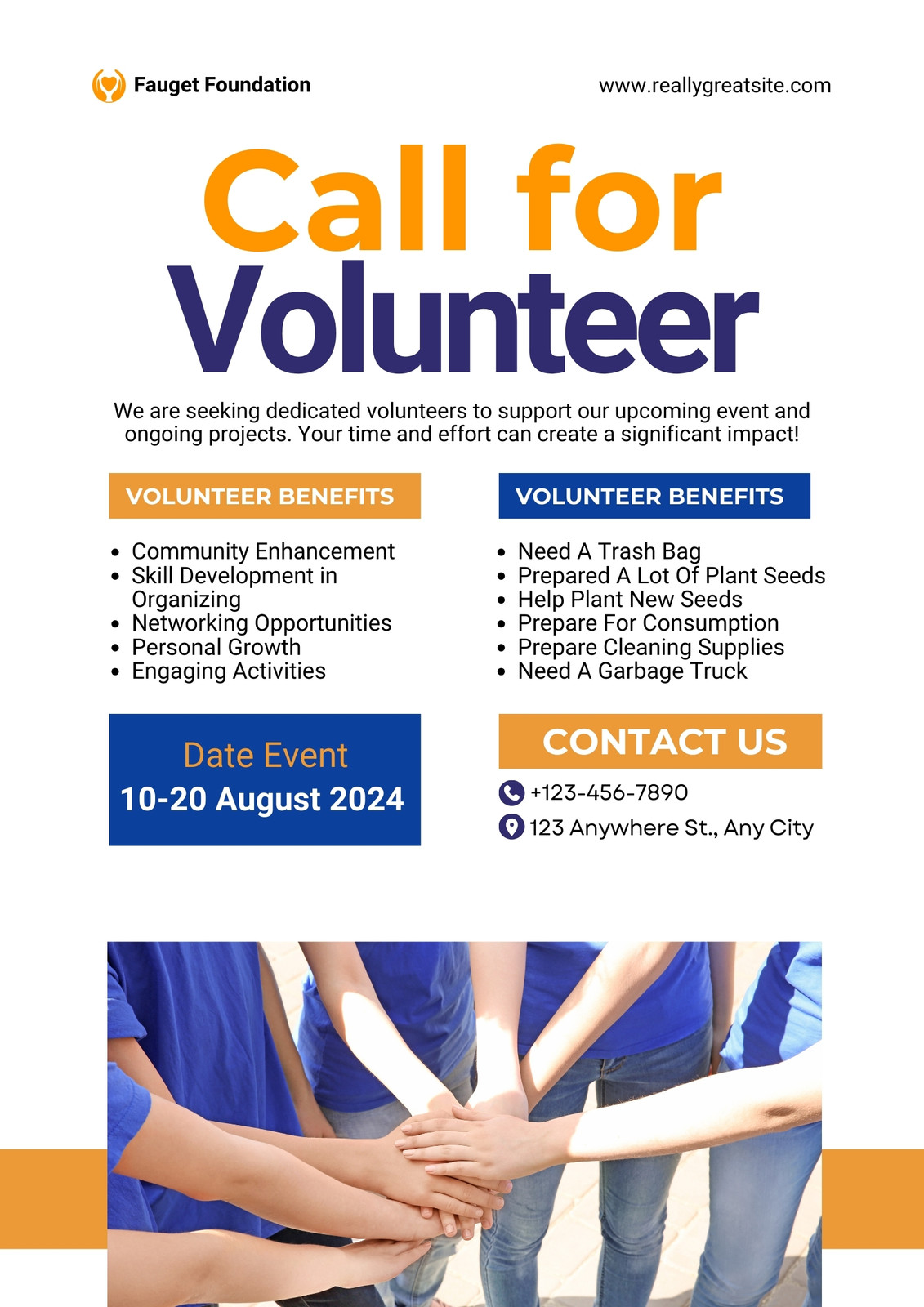 Blue and Orange Big Bright and Bold Call to Action Volunteer Charity Poster
