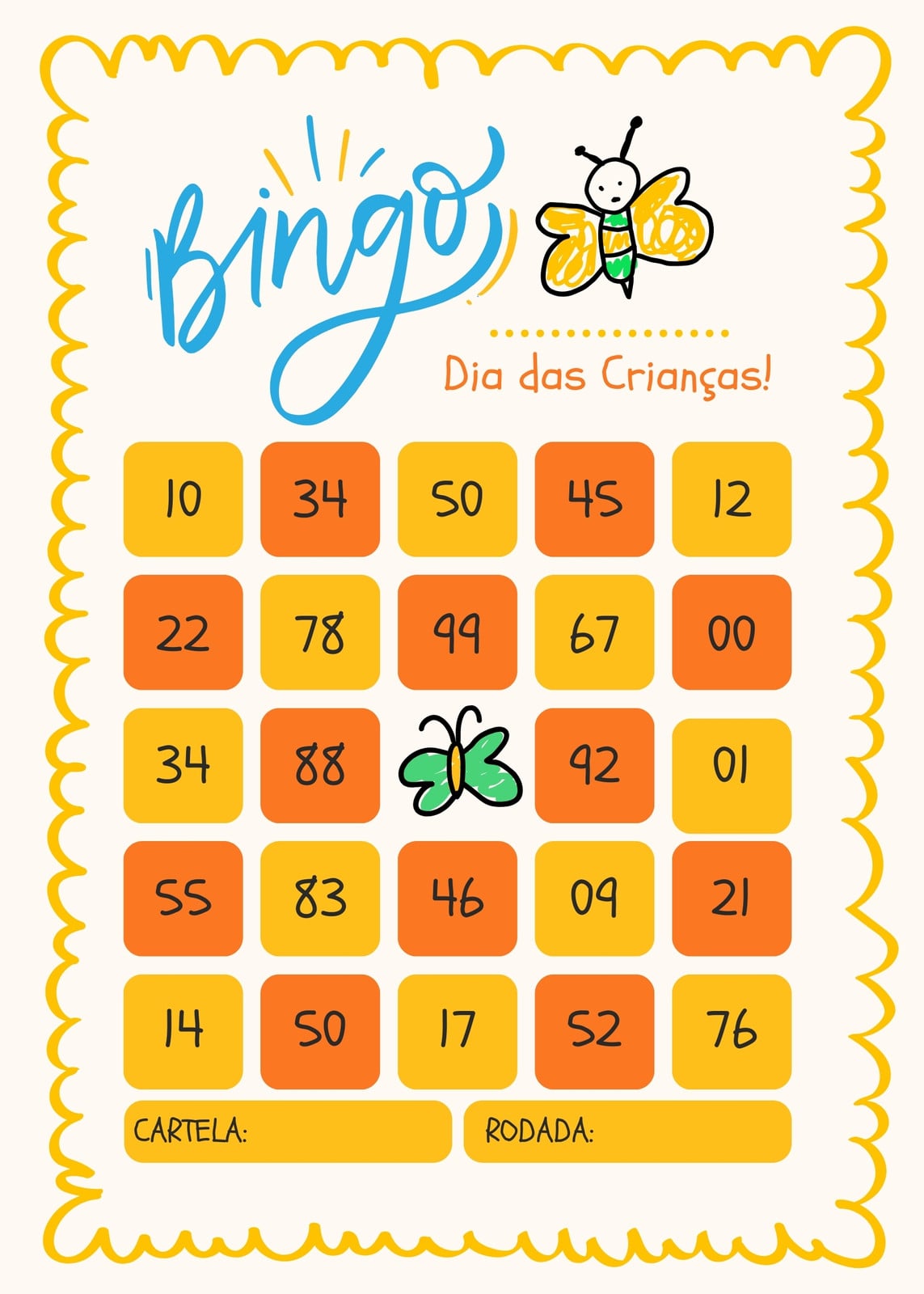 Cartela de bingo - Dia das crianças - Brincadeira, colorida, laranja e amarela