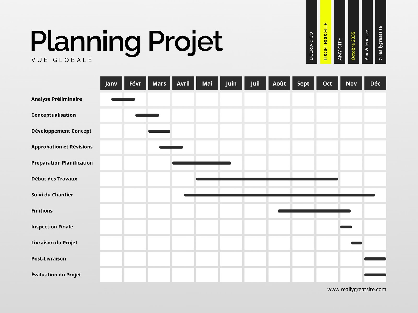 Planning Projet Diagramme de Gantt Entreprise Simple Moderne Noir Blanc Jaune