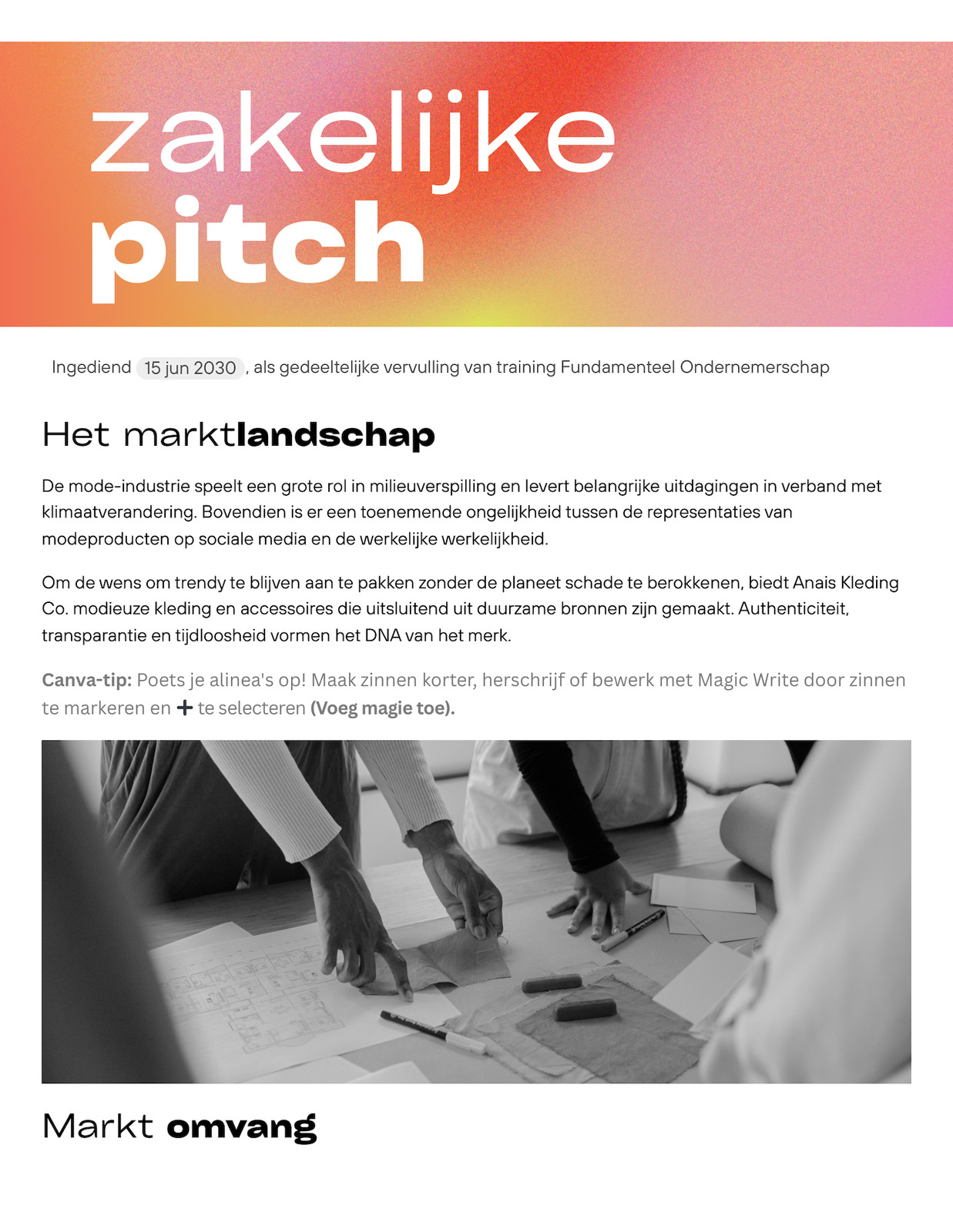 Document voor zakelijke pitchen