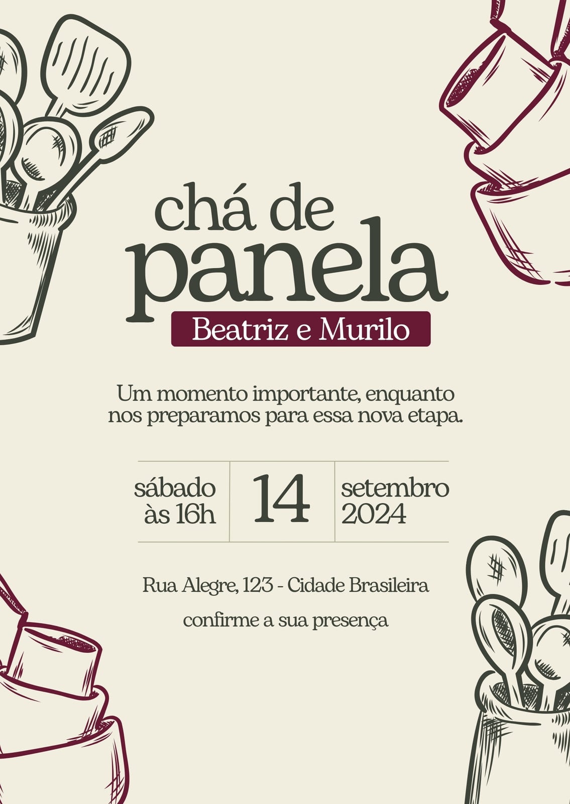 Convite chá de panela noivos moderno marsala verde