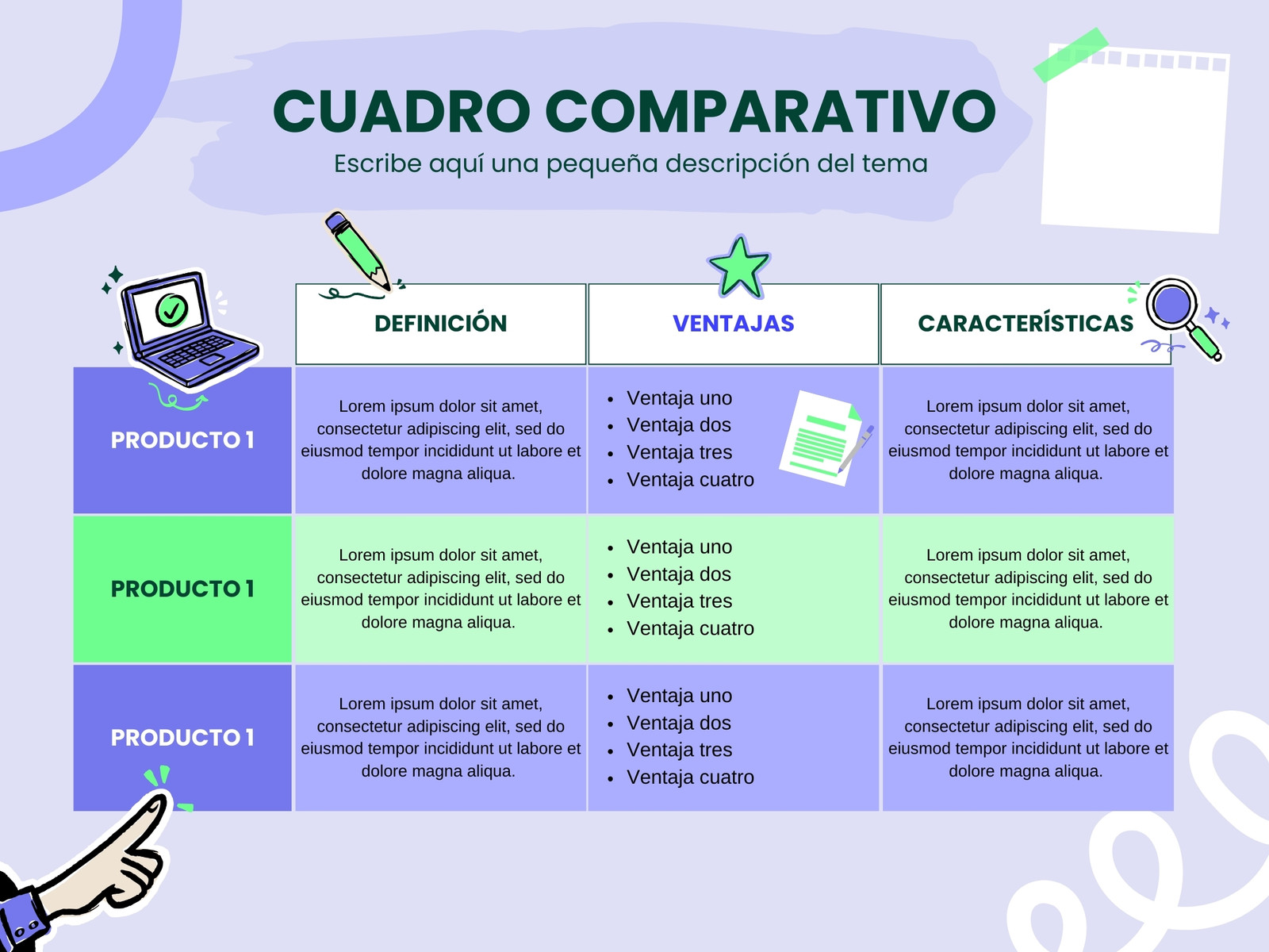 Cuadro comparativo proyecto ilustrado morado y verde