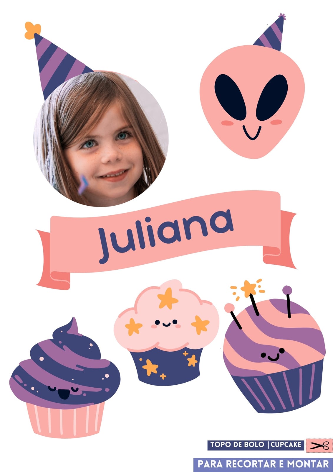 Documento A4 topo de bolo cupcake ilustração divertida rosa e roxo