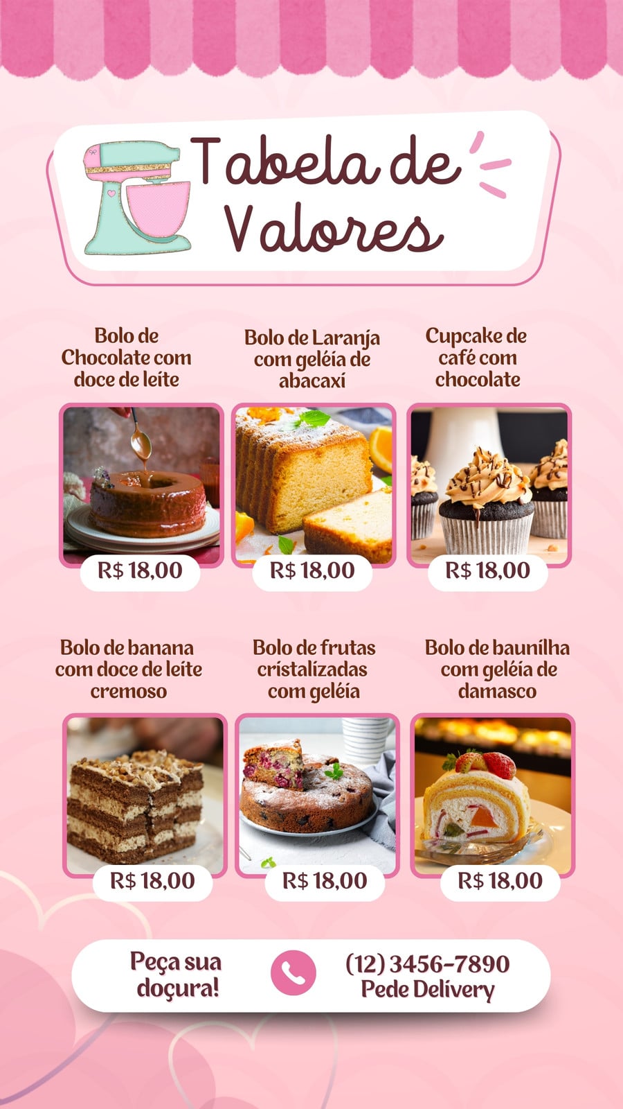 Tabela de valores bolo confeitaria cardápio rosa story