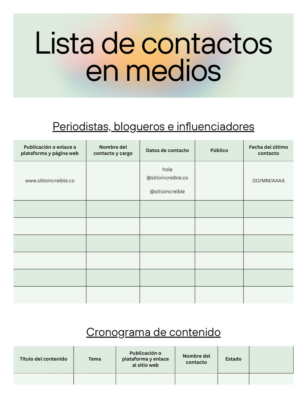 Doc de lista de contactos en medios de estilo pastel suave en verde pastel naranja y negro Doc de lista de contactos en medios de estilo pastel suave en verde pastel naranja y negro