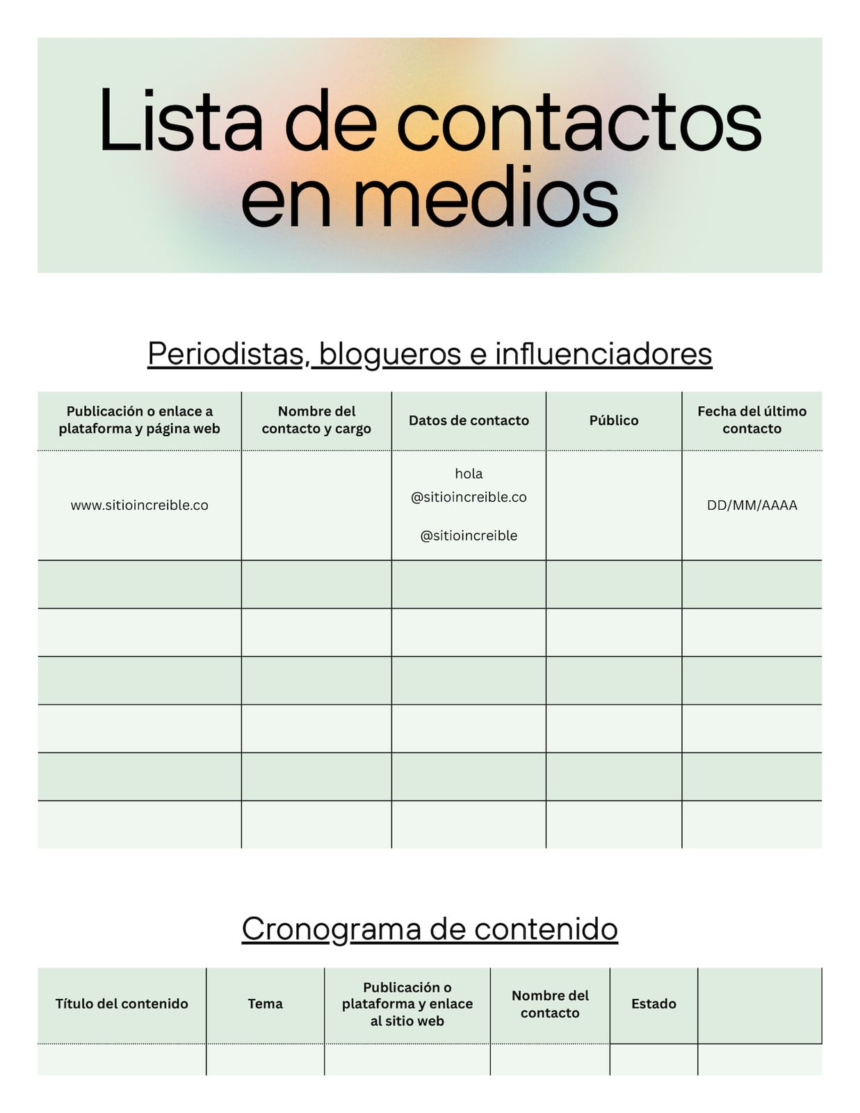 Doc de lista de contactos en medios de estilo pastel suave en verde pastel naranja y negro Doc de lista de contactos en medios de estilo pastel suave en verde pastel naranja y negro