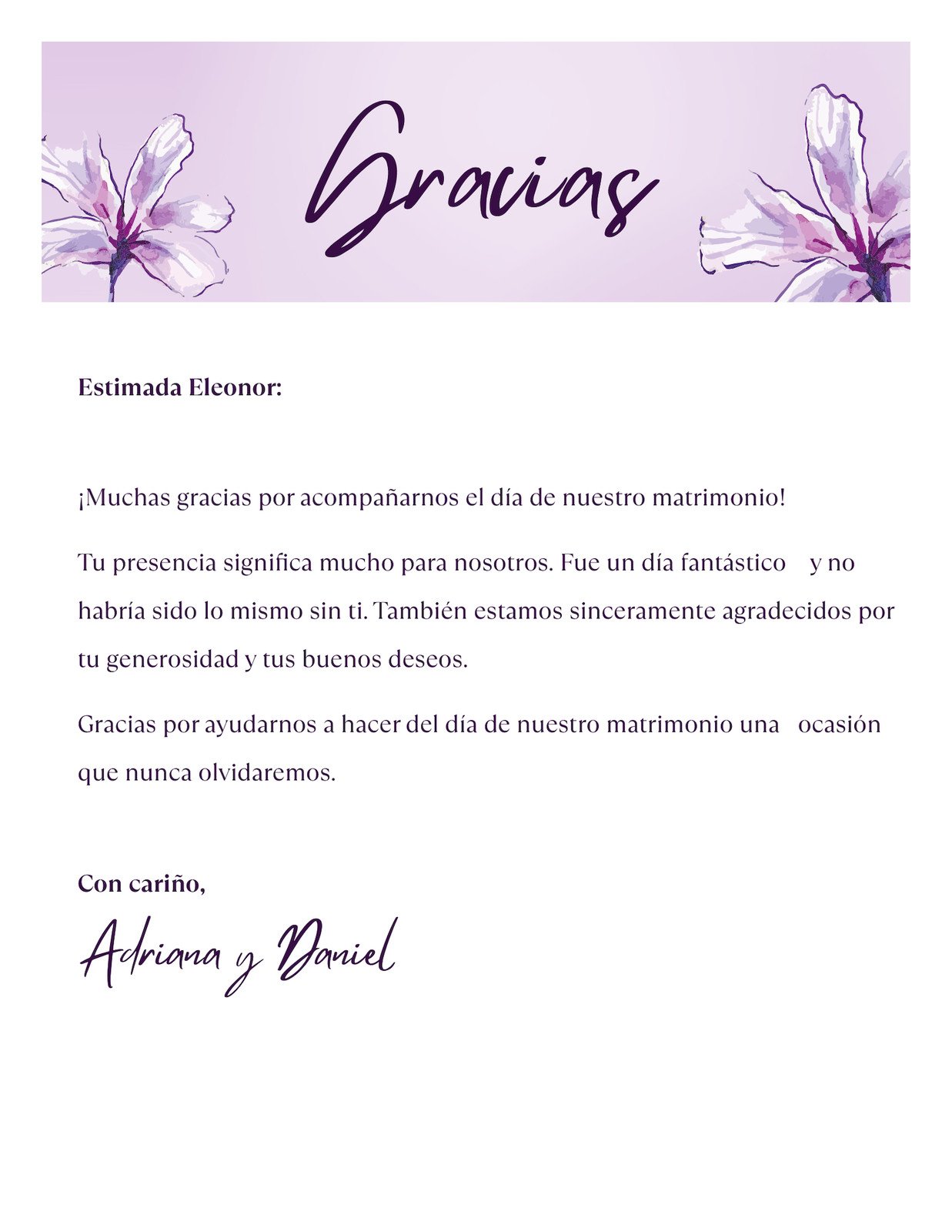 Doc de Carta de Agradecimiento Matrimonial en Estilo Elegante Degradado Morado
