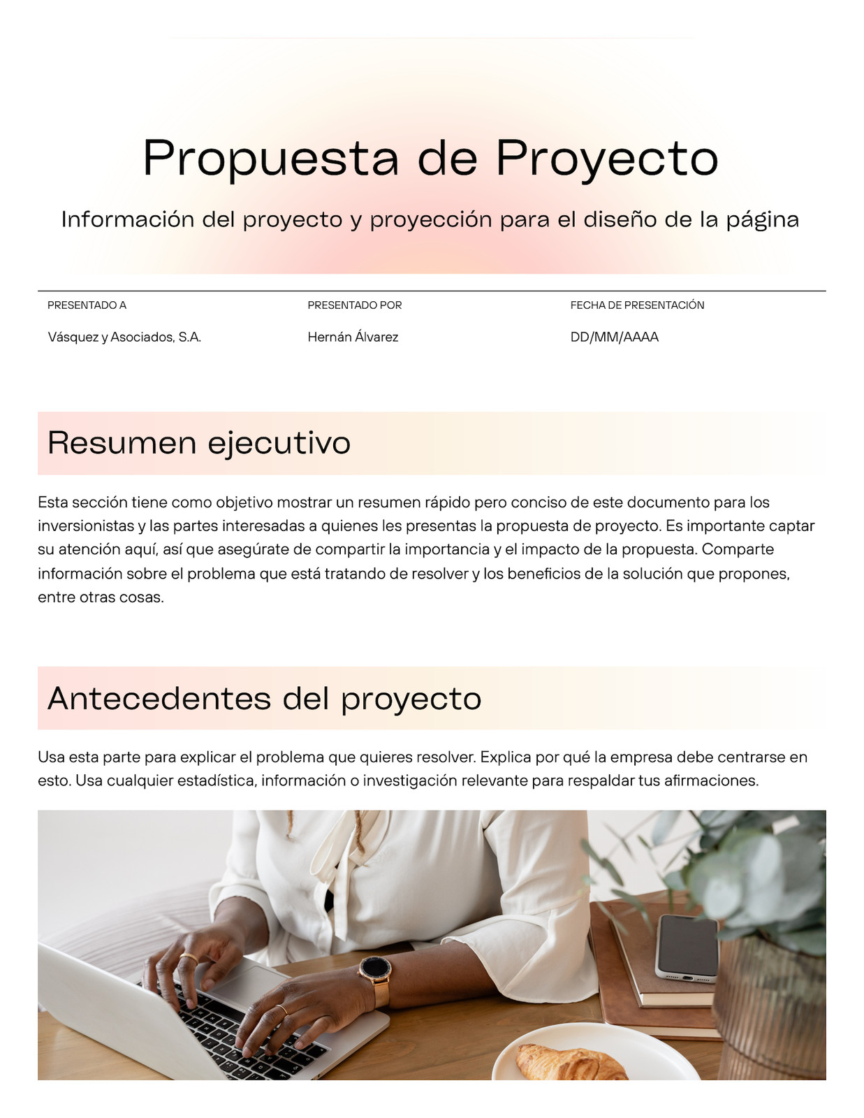 Documento profesional de propuesta de proyecto en estilo degradado durazno amarillo pastel blanco Documento profesional de propuesta de proyecto en estilo degradado durazno amarillo pastel blanco