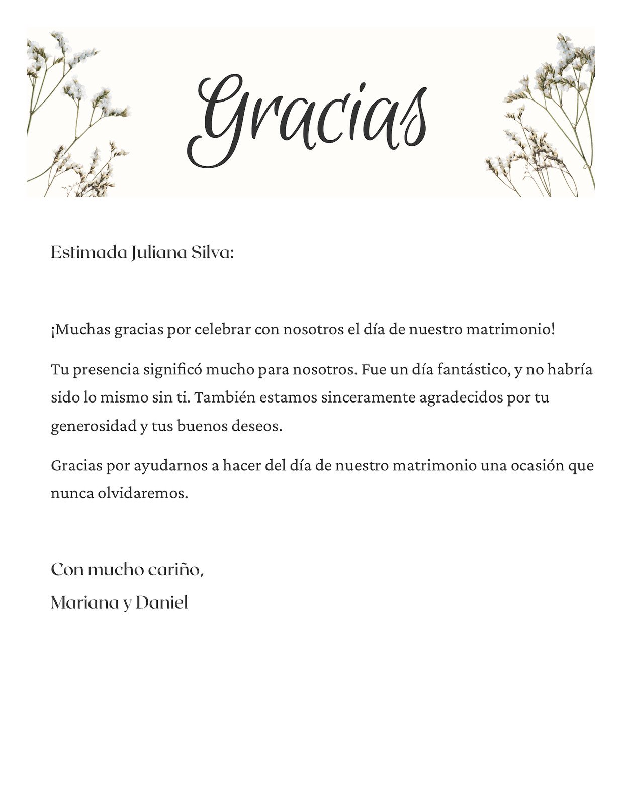 Doc de carta de agradecimiento por asistencia a matrimonio de estilo elegante simple en blanco