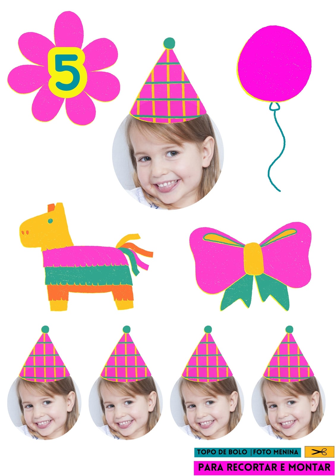 Documento A4 topo de bolo de aniversário foto menina delicado divertido colorido pink e verde