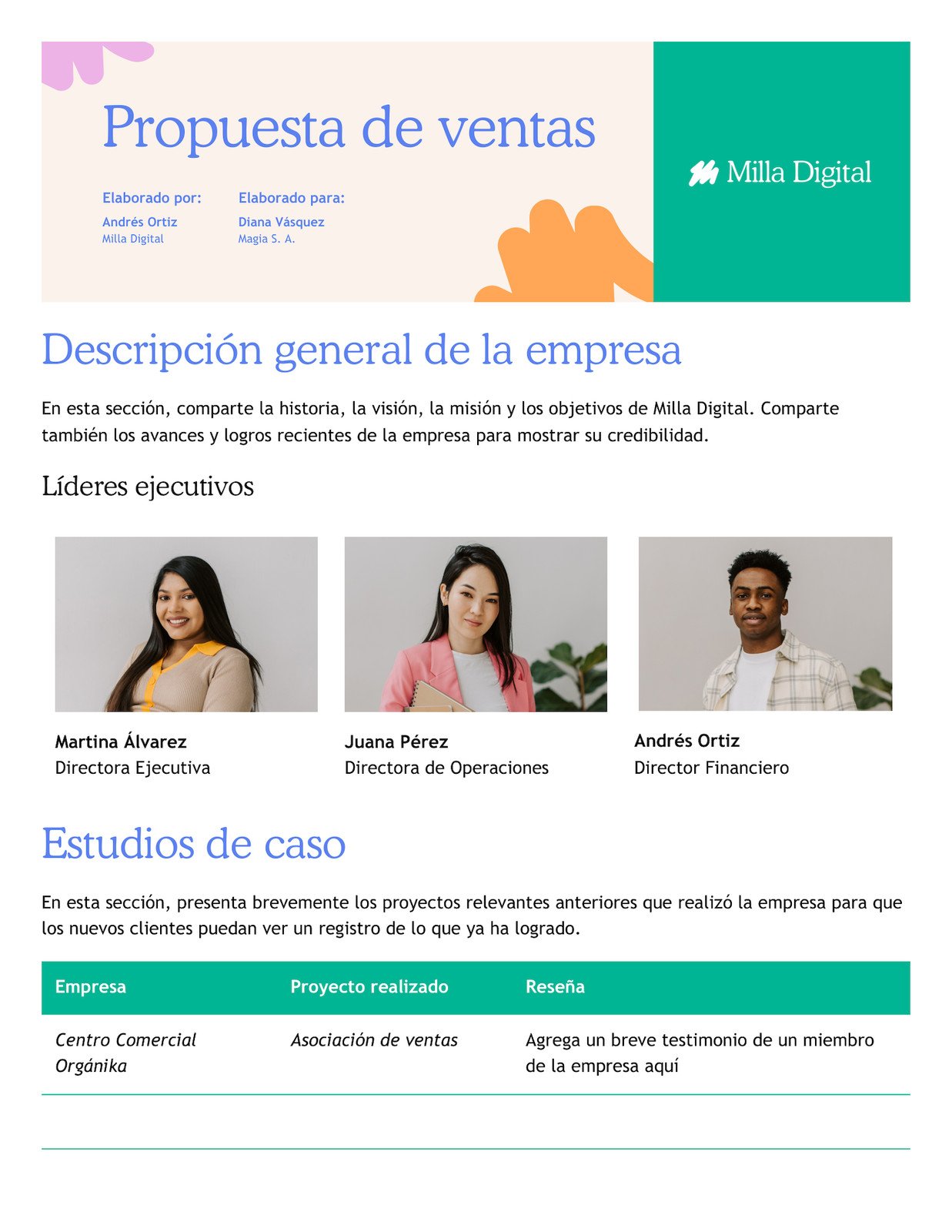 Doc de propuesta de ventas con estudios de casos de estilo corporativo en verde menta y beige