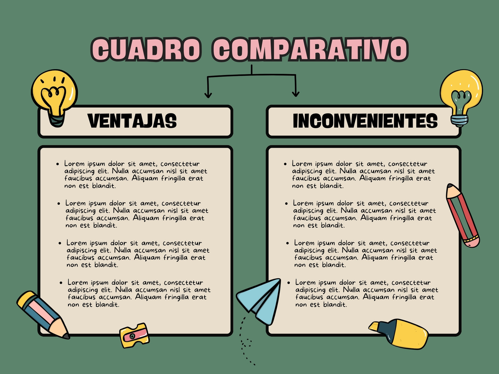 Gráfico Cuadro Comparativo Ventajas Inconvenientes Esquema Escolar Ilustrado Verde Beige