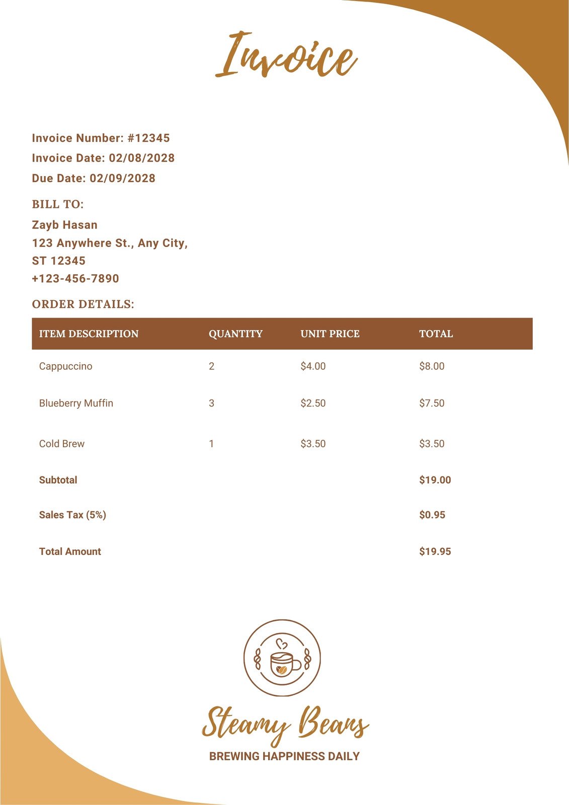 Brown And Yellow Minimal Cafe Business Invoice