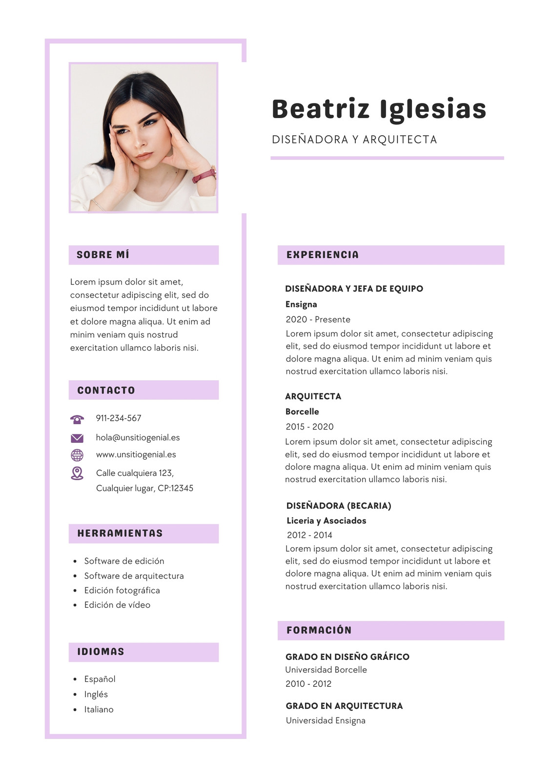 Currículum CV Diseñadora y Arquitecta Minimalista Simple Morado