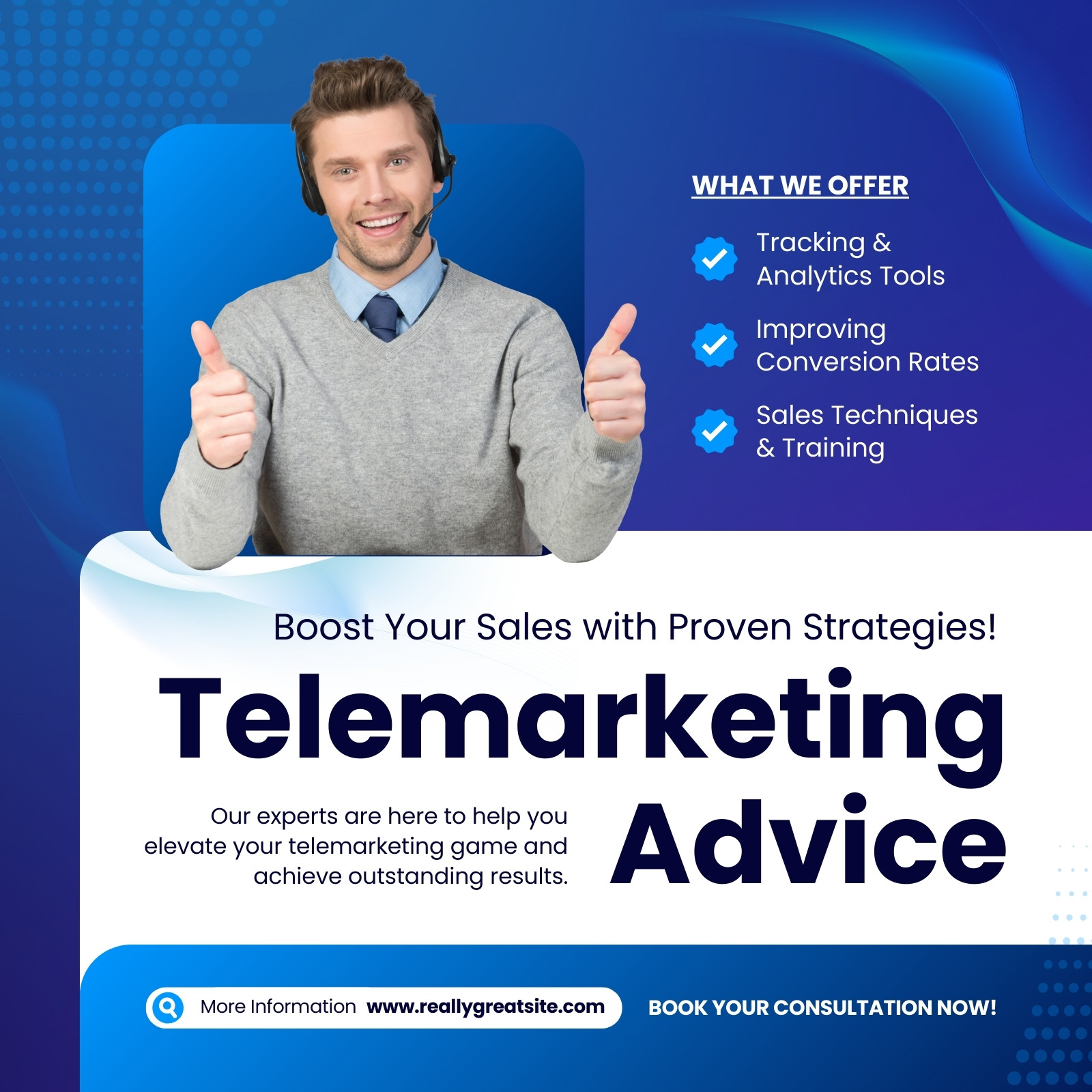 Blue and White Modern Telemarketing Advice Facebook Post