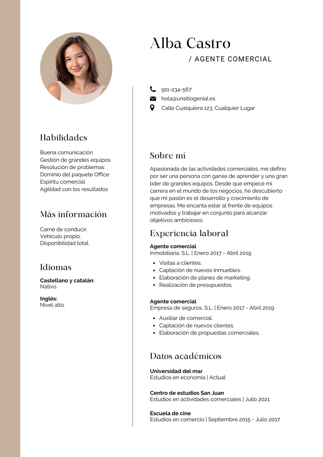 Currículum Agente comercial Sencillo Crema