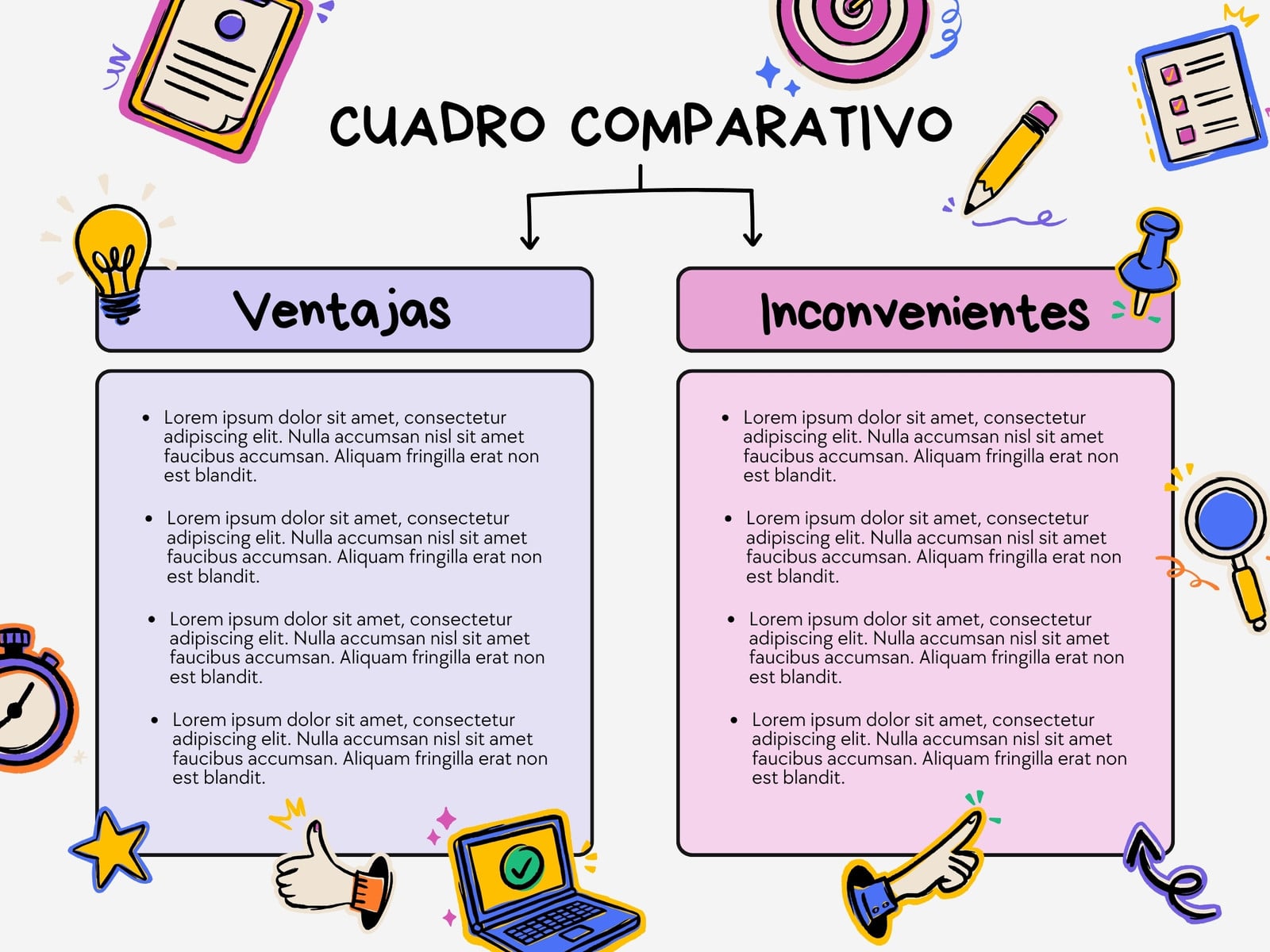 Gráfico Cuadro Comparativo Ventajas Inconvenientes Bloques Ilustrado Doodle Rosa Violeta