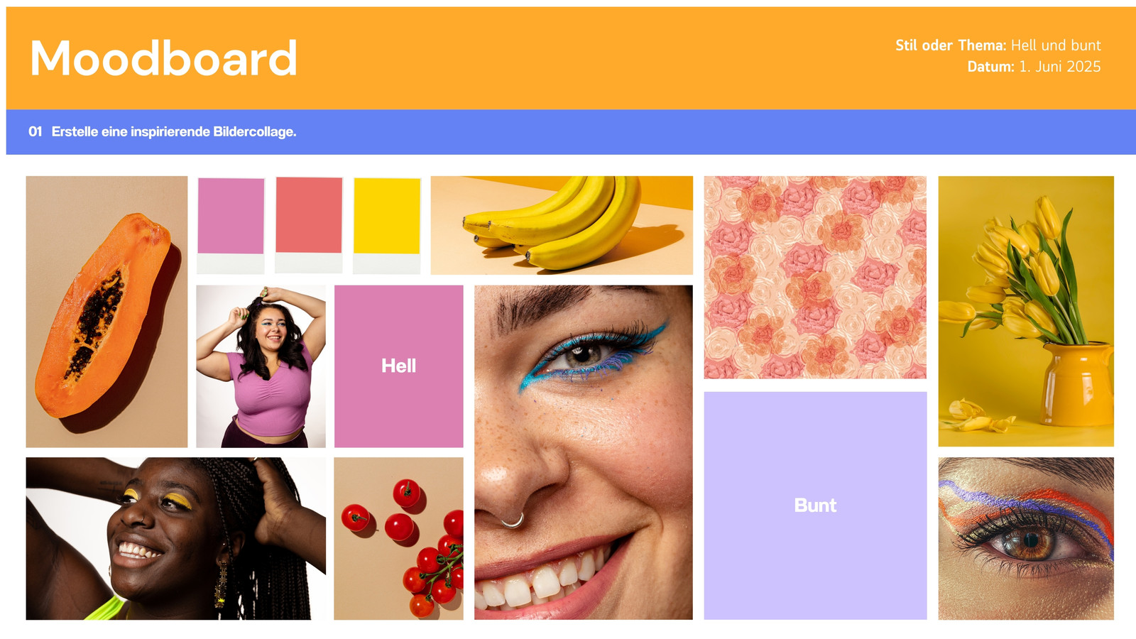 Gelb Blau Weiß Collage Geordnet Moodboard Brainstorming Whiteboard