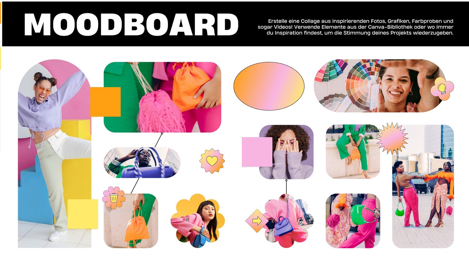 Schwarz Weiß Orange Collage Moodboard Brainstorming Whiteboard