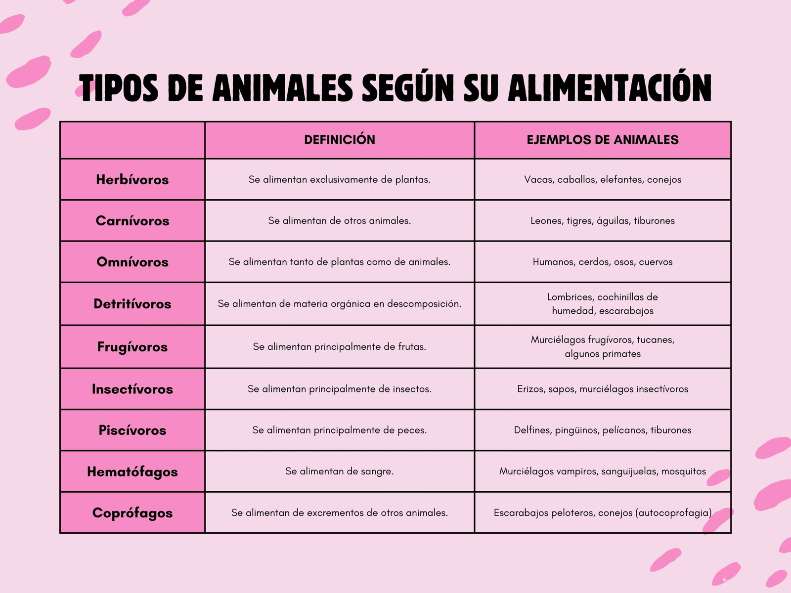 Cuadro comparativo de tipos de animales según su alimentación simple rosa