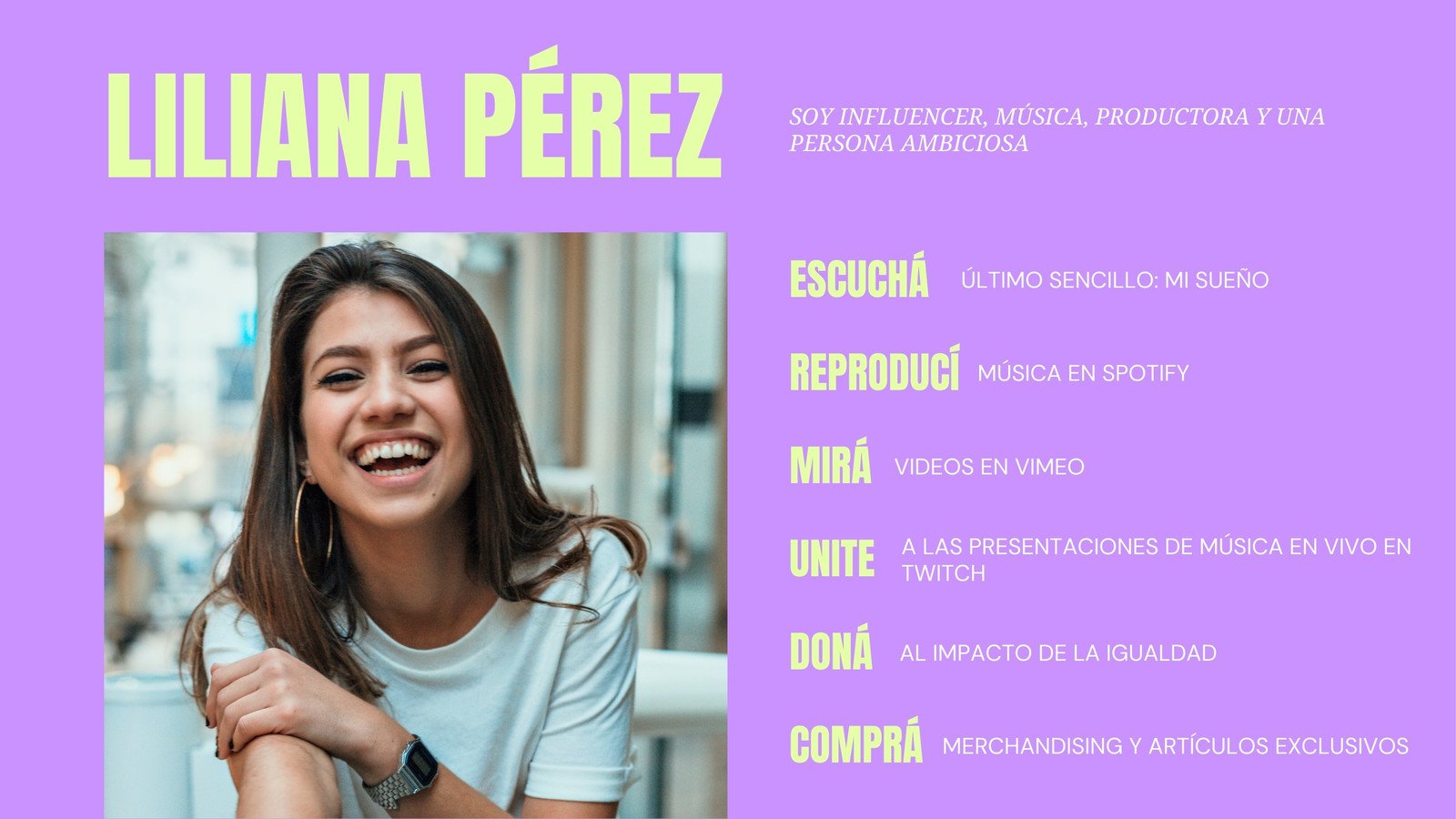 Sitio web de enlace a biografía música llamativo en verde neón y lila