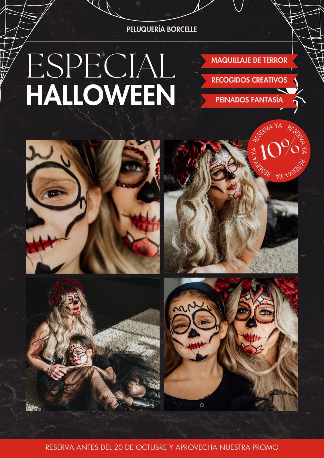 Flyer A4 Anuncio Promoción Peluquería Halloween Moderno Negro y Rojo