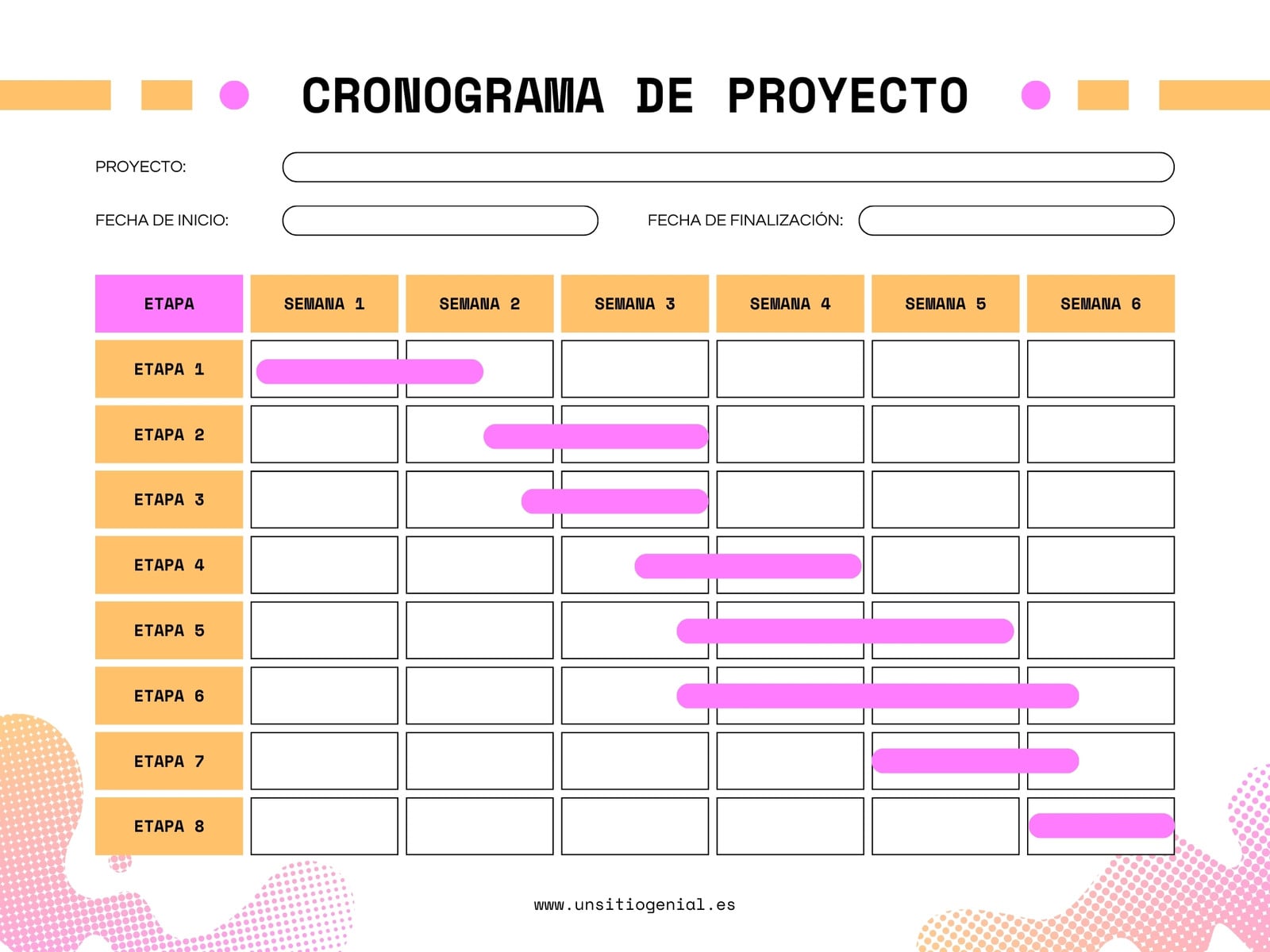 Gráfico Cronograma de Proyecto Moderno Rosa y Amarillo