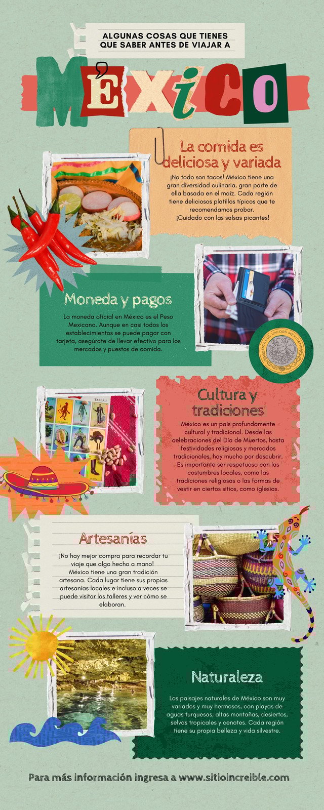 Infografía viaje a México recortes collage verde