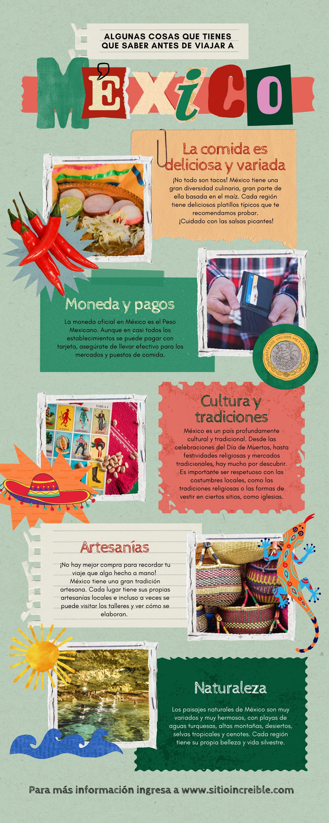 Infografía viaje a México recortes collage verde Infografía viaje a México recortes collage verde