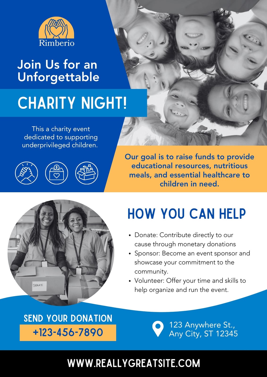 Blue And Yellow Corporative Charity Night Event Flyer A4