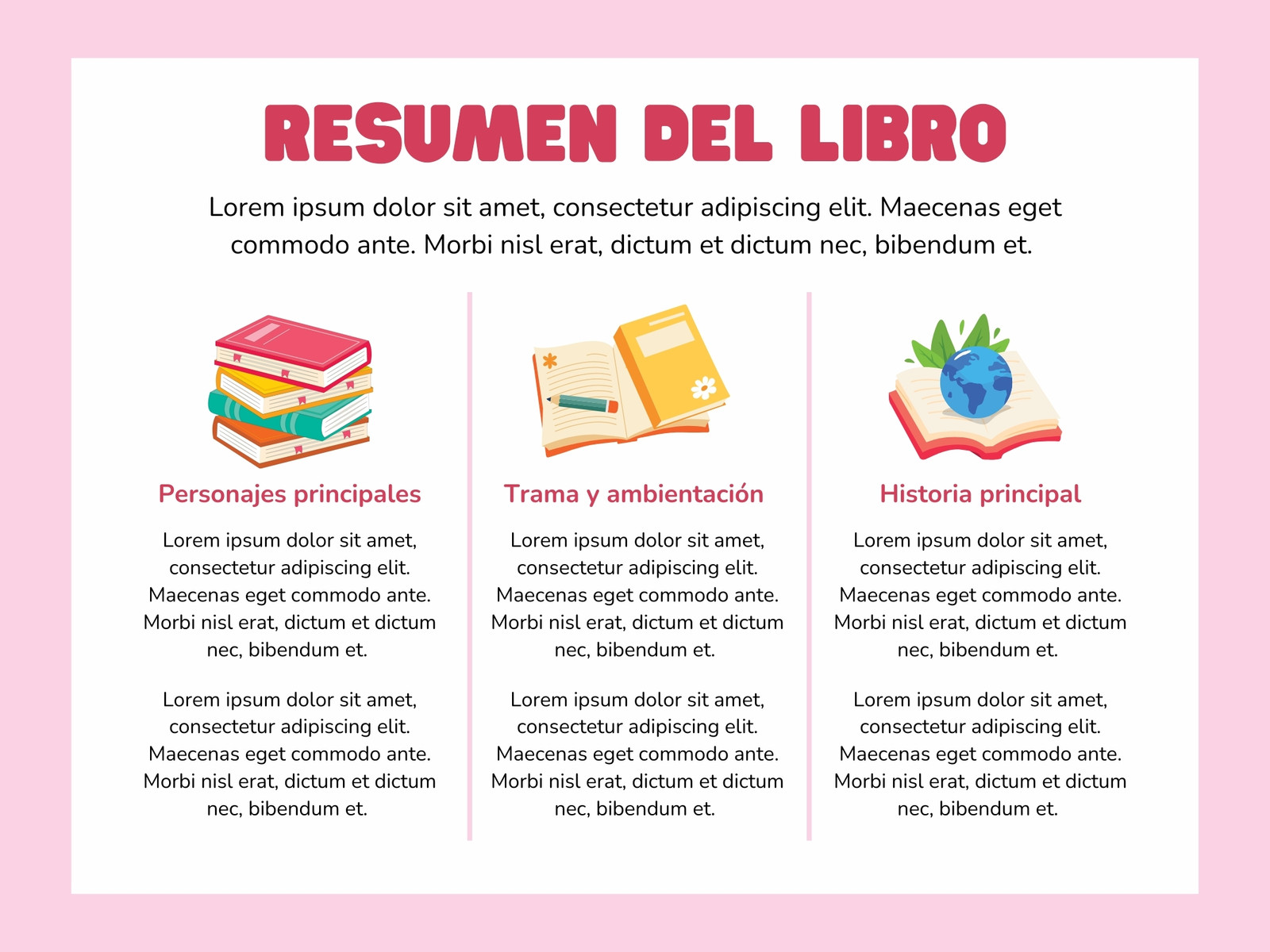 Gráfico tabla de resumen del libro ilustrativo divertido rosa
