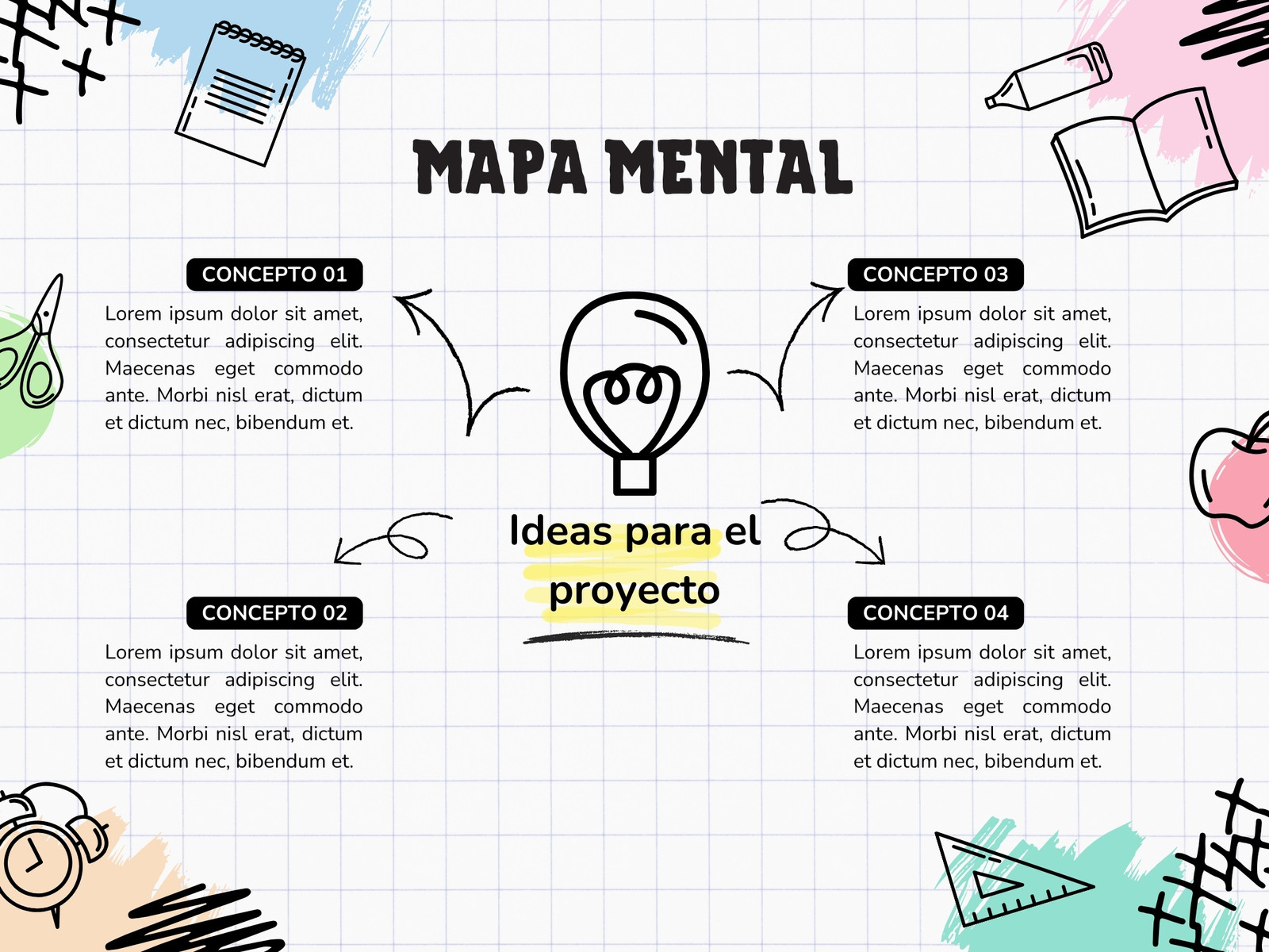 Gráfico mapa mental de ideas con flechas doodle creativo blanco
