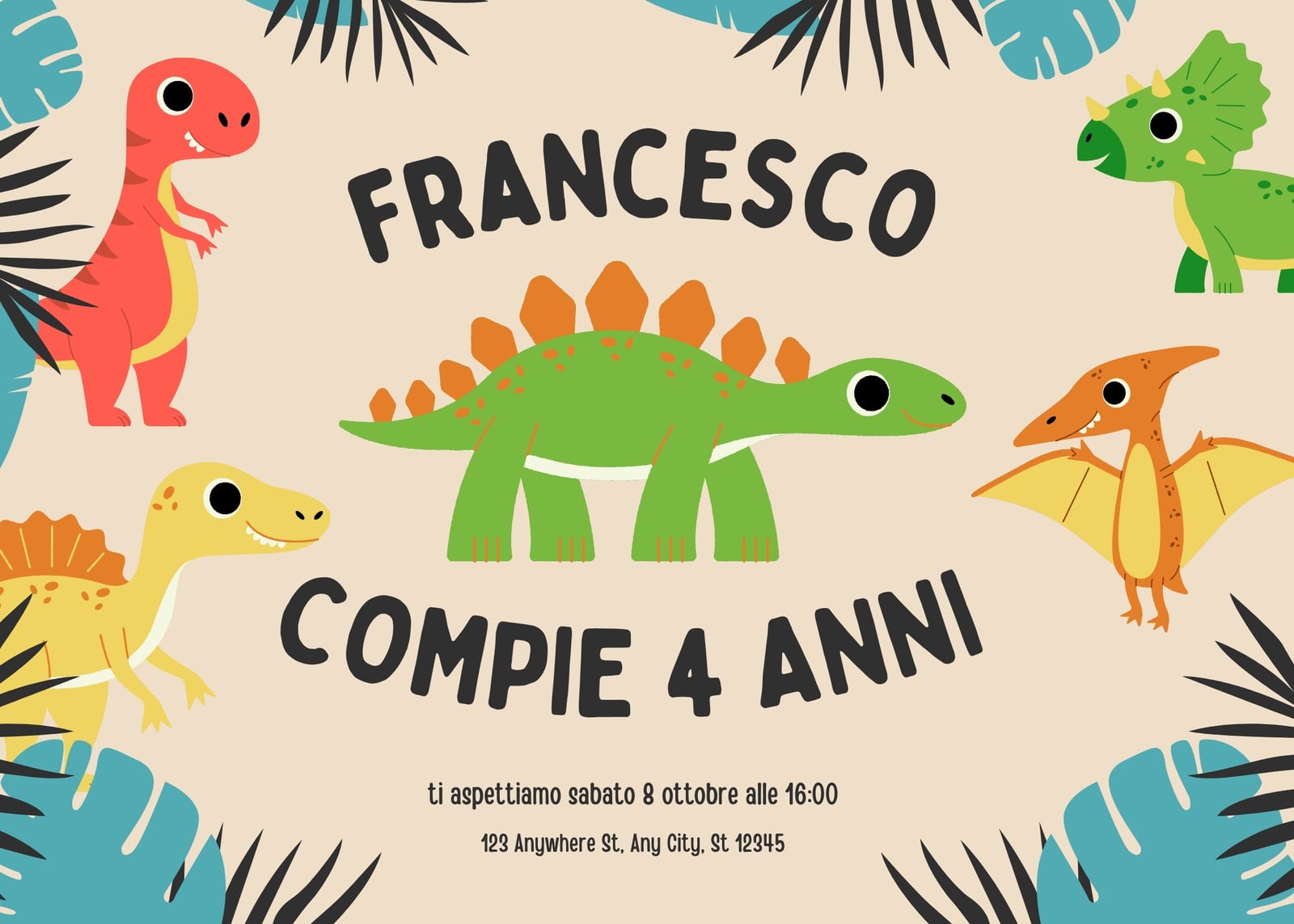Invito Festa di Compleanno Bambino Dinosauri Vivace Illustrato Verde Blu Invito Festa di Compleanno Bambino Dinosauri Vivace Illustrato Verde Blu