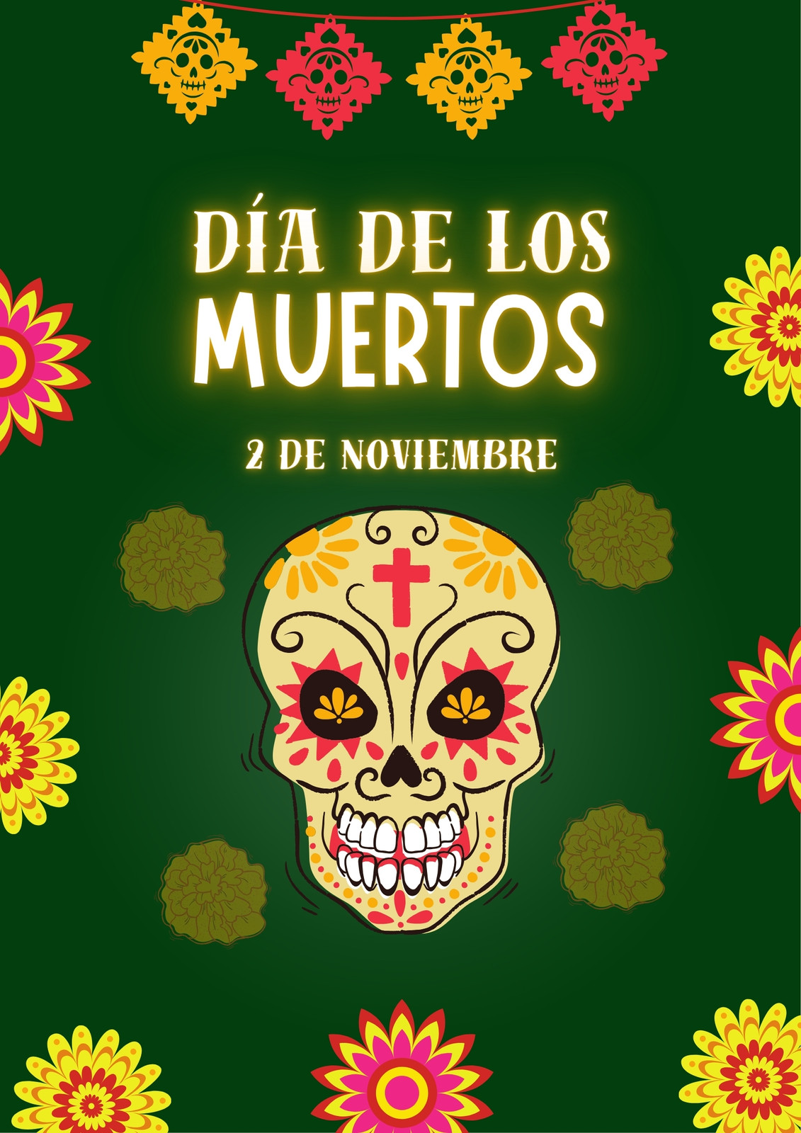 Cartel Dia de los Muertos Ilustrado Verde y Amarillo