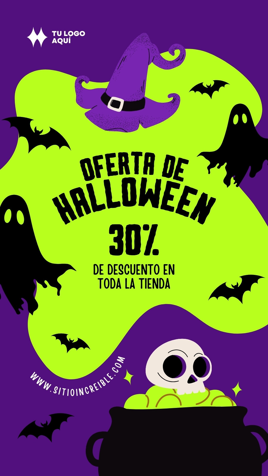 Historia de Instagram - Halloween - Promoción, fantasmas y caldero, ilustrada, morada y verde