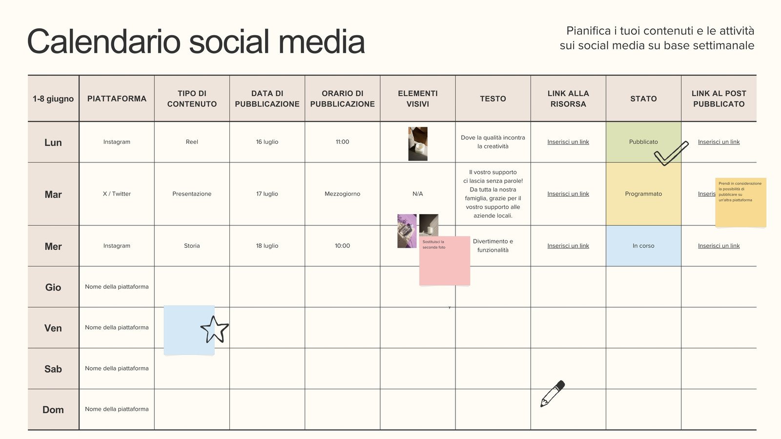 Social Media Calendario Lavagna Online