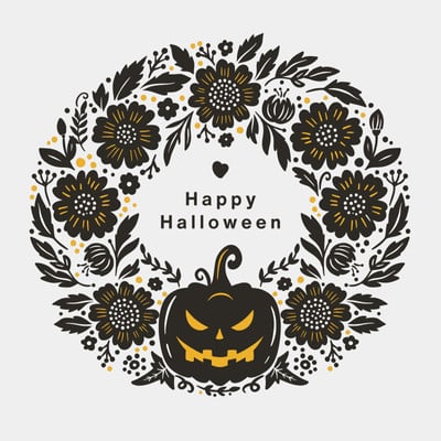Cute Illustrated Happy Halloween Circle Sticker Canva template, black and yellow